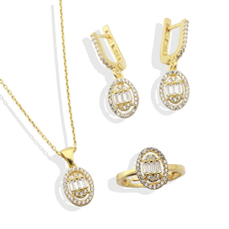 Baget Kesim Oval Montürlü Zirkon Taşlı Gold KaplamaGümüş Set