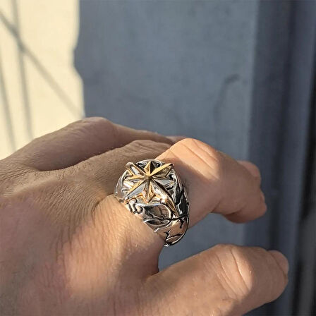 Kutup Yıldızı Desenli Gümüş Erkek Yüzük