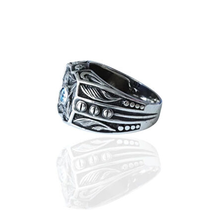 Taşlı Desenli Gümüş Erkek Yüzük