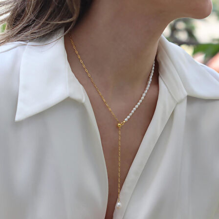 İncili Asansörlü Gold Gümüş Trend Kolye