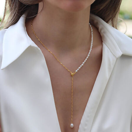 İncili Asansörlü Gold Gümüş Trend Kolye