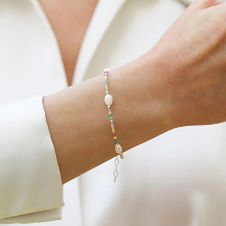 Doğaltaş Renkli İncili Gümüş Bileklik