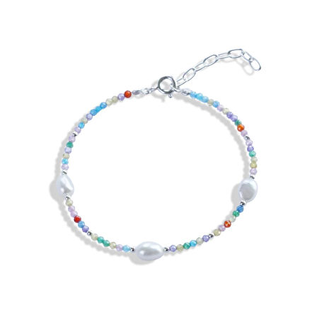 Doğaltaş Renkli İncili Gümüş Bileklik