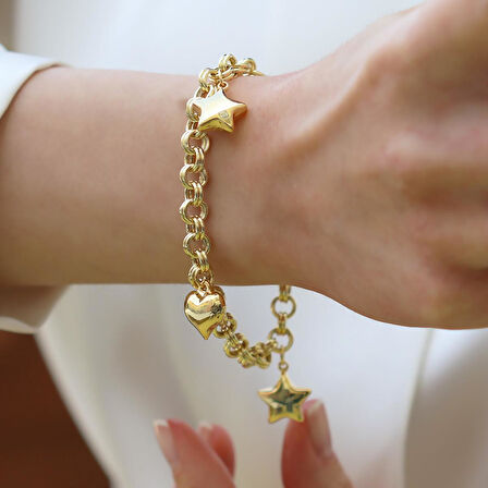 Kalp Yıldızlı Hallow Gold Gümüş Bileklik