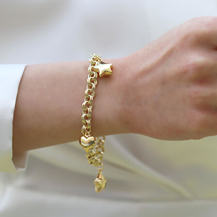 Kalp Yıldızlı Hallow Gold Gümüş Bileklik