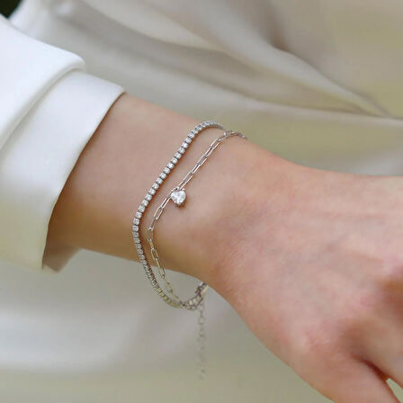 Çift Zincirli Kalpli Gümüş Bileklik