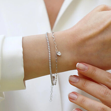 Çift Zincirli Kalpli Gümüş Bileklik