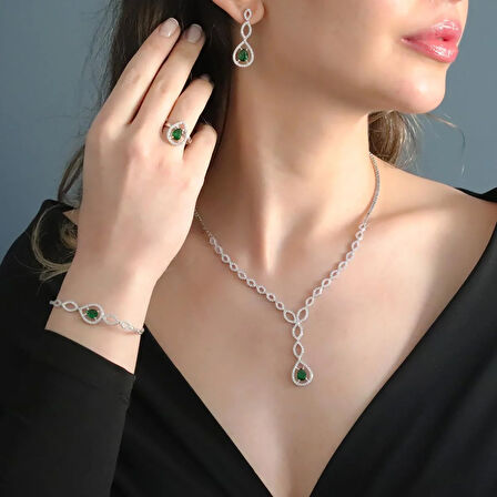Damla Modeli Yeşil Zirkon Taşlı Gümüş Set 