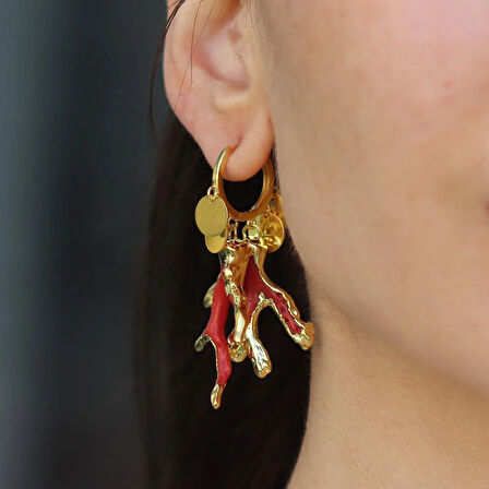 Mercan Modeli Pul Gold Gümüş Küpe