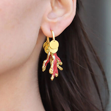 Mercan Modeli Pul Gold Gümüş Küpe