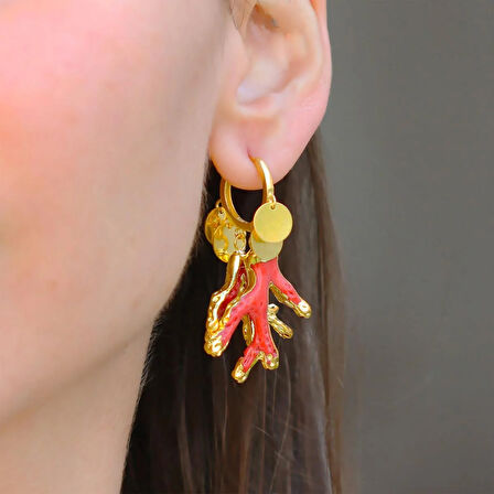 Mercan Modeli Pul Gold Gümüş Küpe