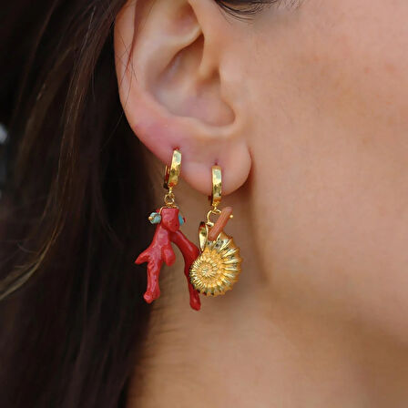 Mercan Deniz Kabuğu Gold Gümüş Küpe