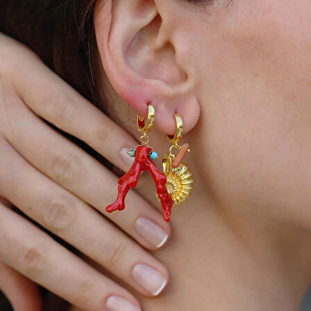 Mercan Deniz Kabuğu Gold Gümüş Küpe