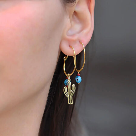 Kaktüs Nazar Gold Gümüş Küpe