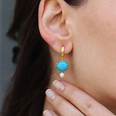 Turkuaz Göz İnci Gold Gümüş Küpe