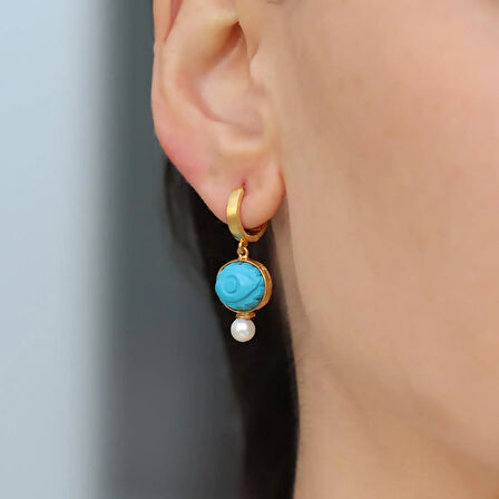 Turkuaz Göz İnci Gold Gümüş Küpe