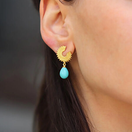 Damla Turkuaz Taşlı Antik Gümüş Küpe