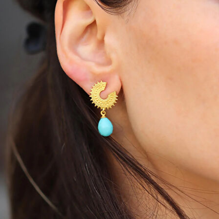 Damla Turkuaz Taşlı Antik Gümüş Küpe