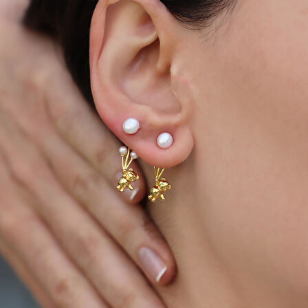 Ayıcık İncili Balon Gold Gümüş Küpe