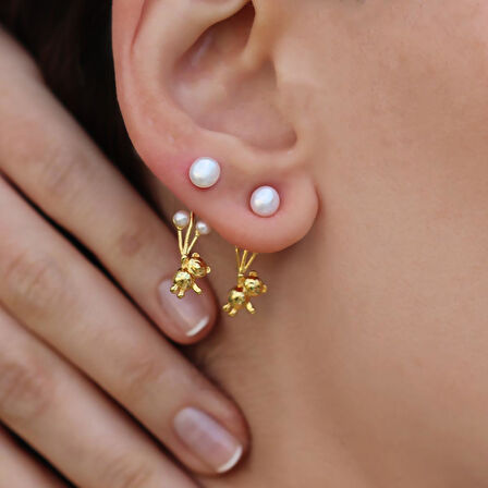 Ayıcık İncili Balon Gold Gümüş Küpe