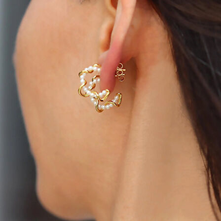 İnci Burgulu Gold Kaplama Gümüş Halka Küpe