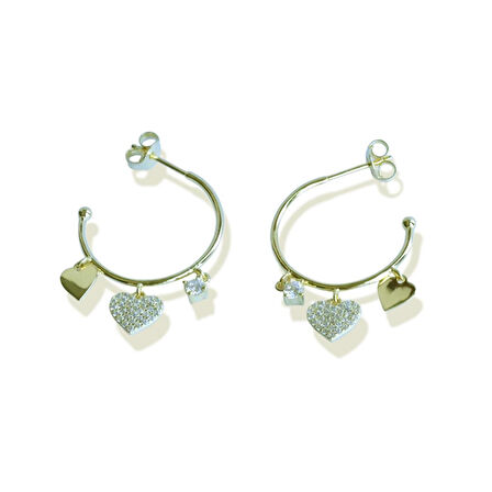 Zirkon Taşlı Kalpli Gold Gümüş Halka Küpe