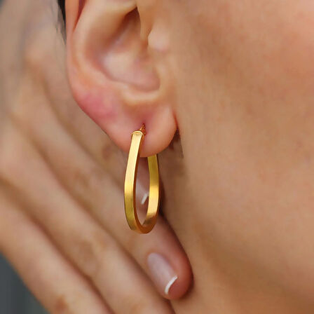 Elips Mat Gold Gümüş Halka Küpe