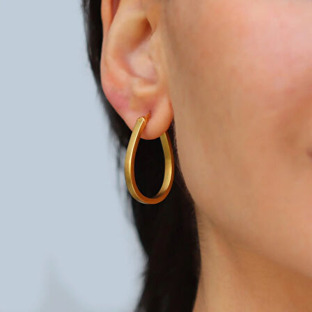 Elips Mat Gold Gümüş Halka Küpe