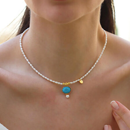 Göz Turkuaz İncili Gold Doğaltaşlı Gümüş Kolye