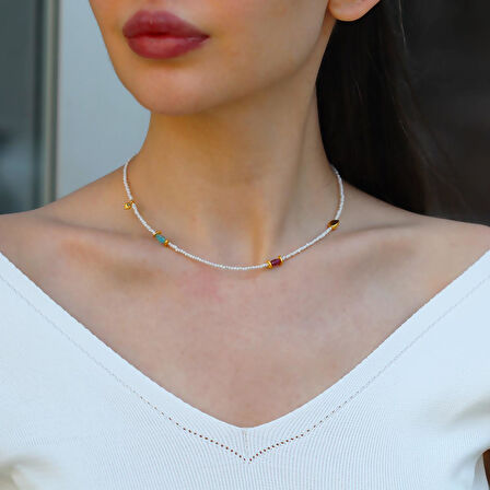 İncili Figürlü Doğaltaşlı Gold Gümüş Kolye