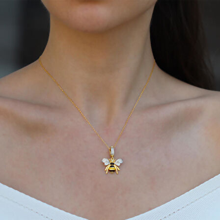 Arı Chrm Mineli Gold Gümüş Kolye