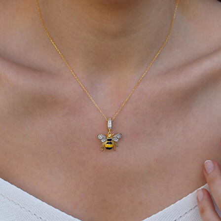 Arı Chrm Mineli Gold Gümüş Kolye