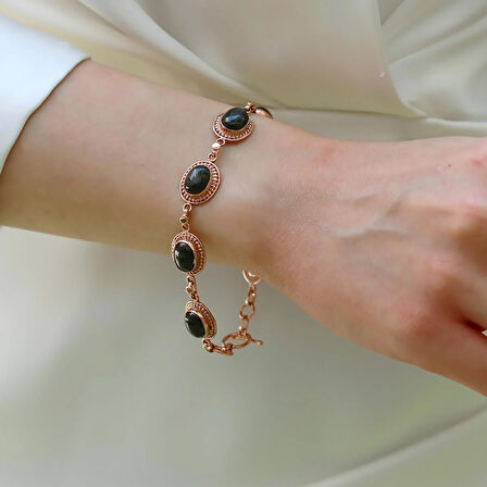 Oval Onix Taşlı Rose Gold Gümüş Bileklik