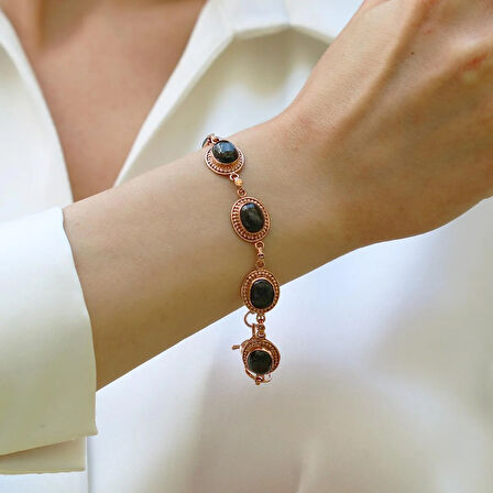 Oval Onix Taşlı Rose Gold Gümüş Bileklik