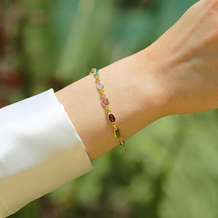 Elips Taşlı Renkli Gümüş Bileklilk