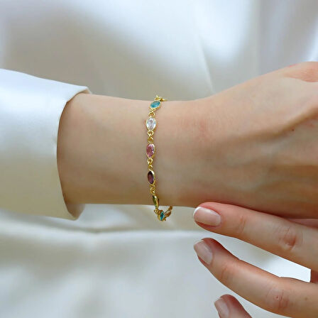 Elips Taşlı Renkli Gümüş Bileklilk