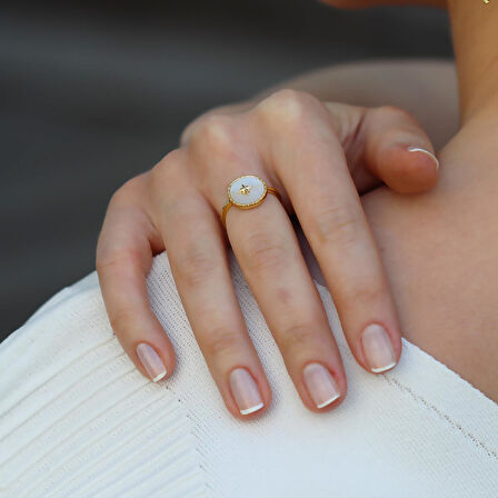 Sedefli Kutup Yıldızı Gold Gümüş Yüzük