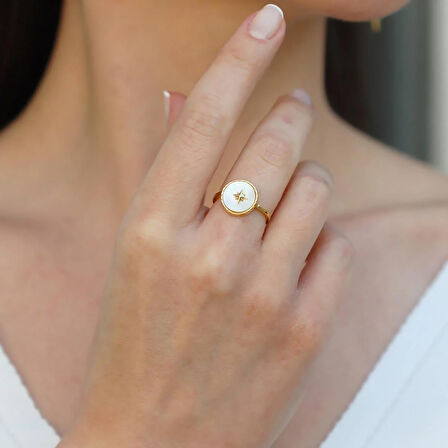 Sedefli Kutup Yıldızı Gold Gümüş Yüzük