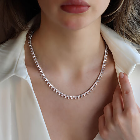 Zirkon Taşlı Su Yolu Gümüş Kolye