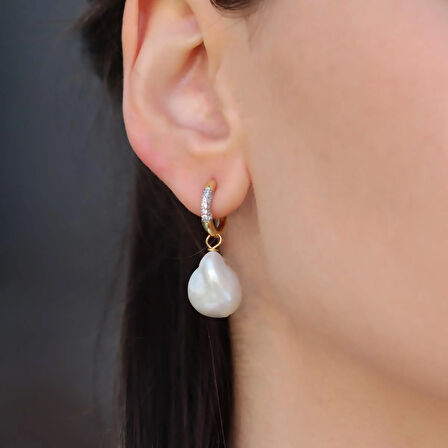 Barok İnci Gold Gümüş Küpe