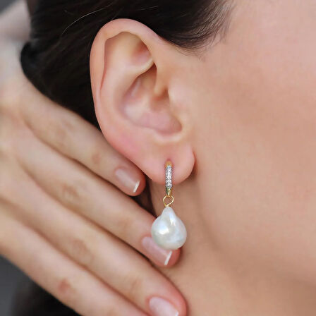 Barok İnci Gold Gümüş Küpe