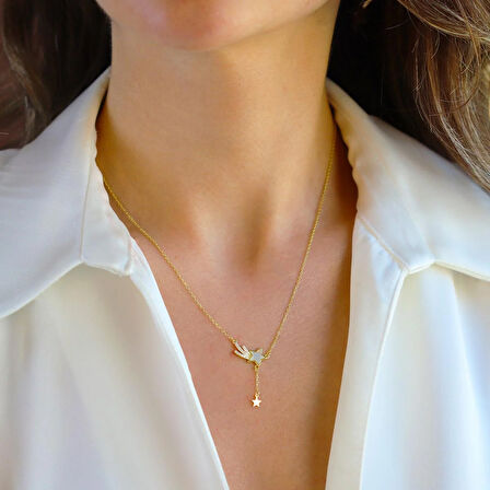 Kuyruklu Mineli Gold Gümüş Kolye