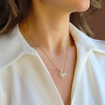 Kelebek Sedefli Gold Gümüş Kolye