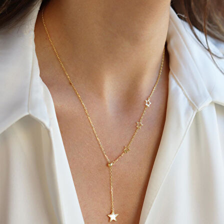 Sıralı Yıldızlı Gold Gümüş Kolye