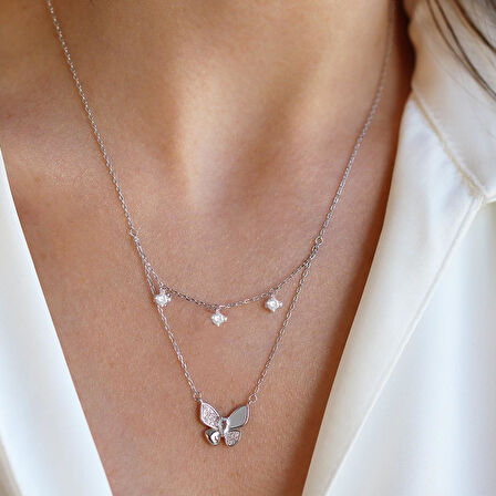 Kelebek İkili Zirkon Taşlı Gümüş Kolye