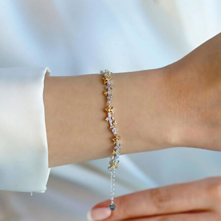 Yıldız Taşlı Gold Gümüş Bileklik