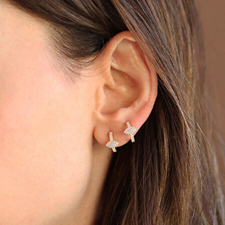 Mekik Halka Taşlı Gold Gümüş Küpe