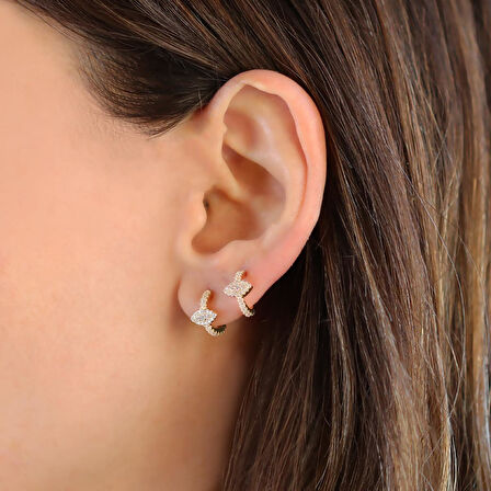 Mekik Halka Taşlı Gold Gümüş Küpe