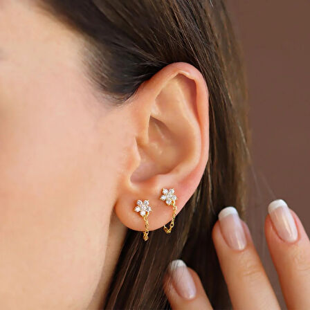 Çiçek Zincirli Gold Gümüş Küpe