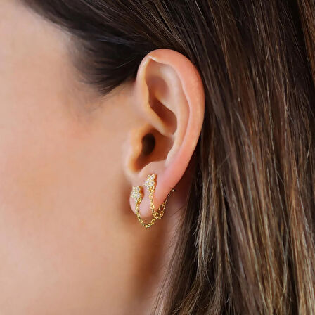 Çiçek Zincirli Gold Gümüş Küpe